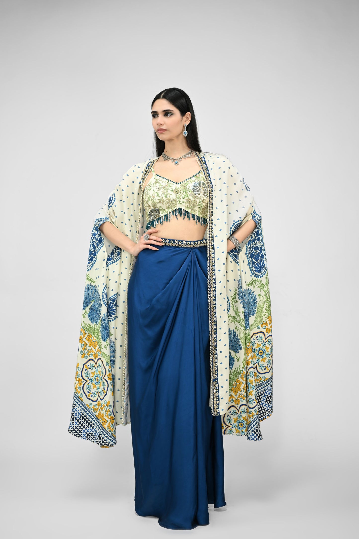 Peacock Printed Highlight Bralette Paired With Dhoti Set And Printed Cape