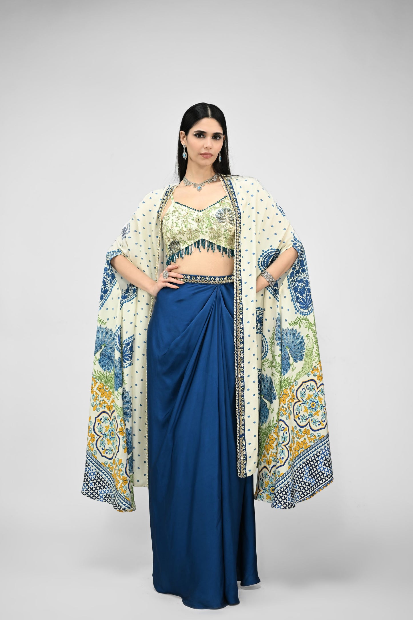 Peacock Printed Highlight Bralette Paired With Dhoti Set And Printed Cape