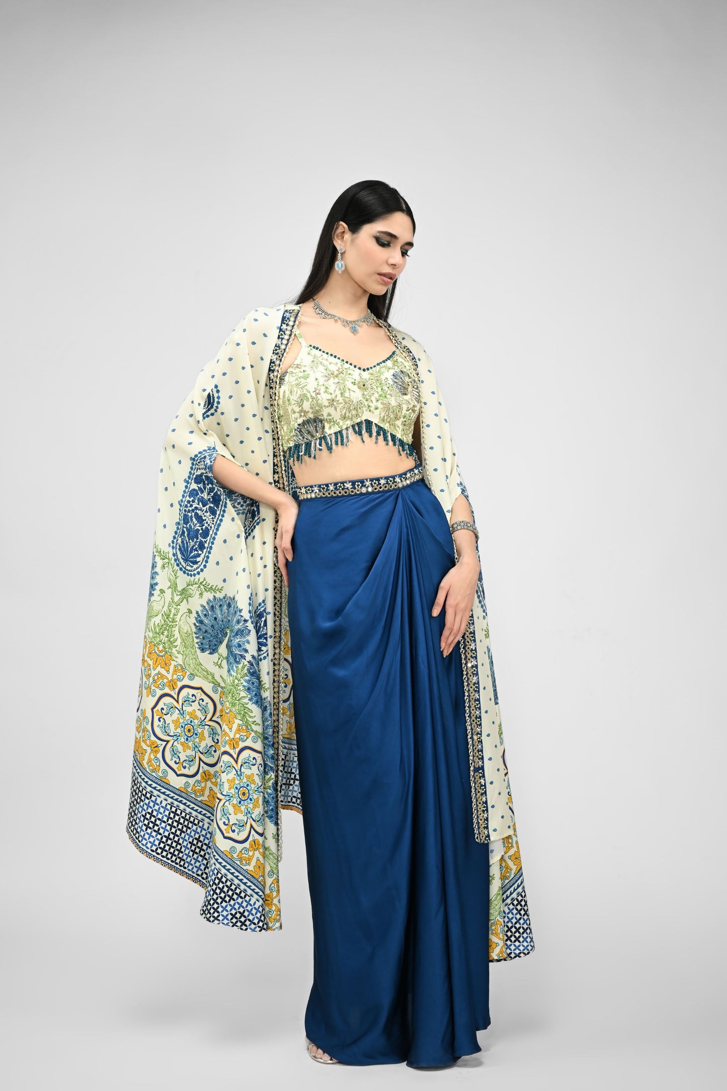Peacock Printed Highlight Bralette Paired With Dhoti Set And Printed Cape