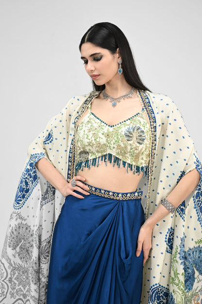 Peacock Printed Highlight Bralette Paired With Dhoti Set And Printed Cape
