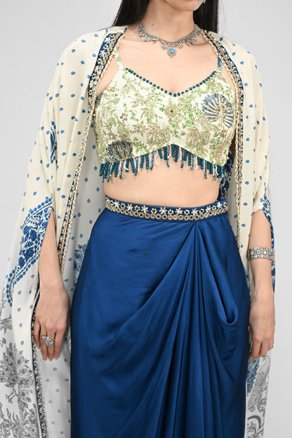 Peacock Printed Highlight Bralette Paired With Dhoti Set And Printed Cape