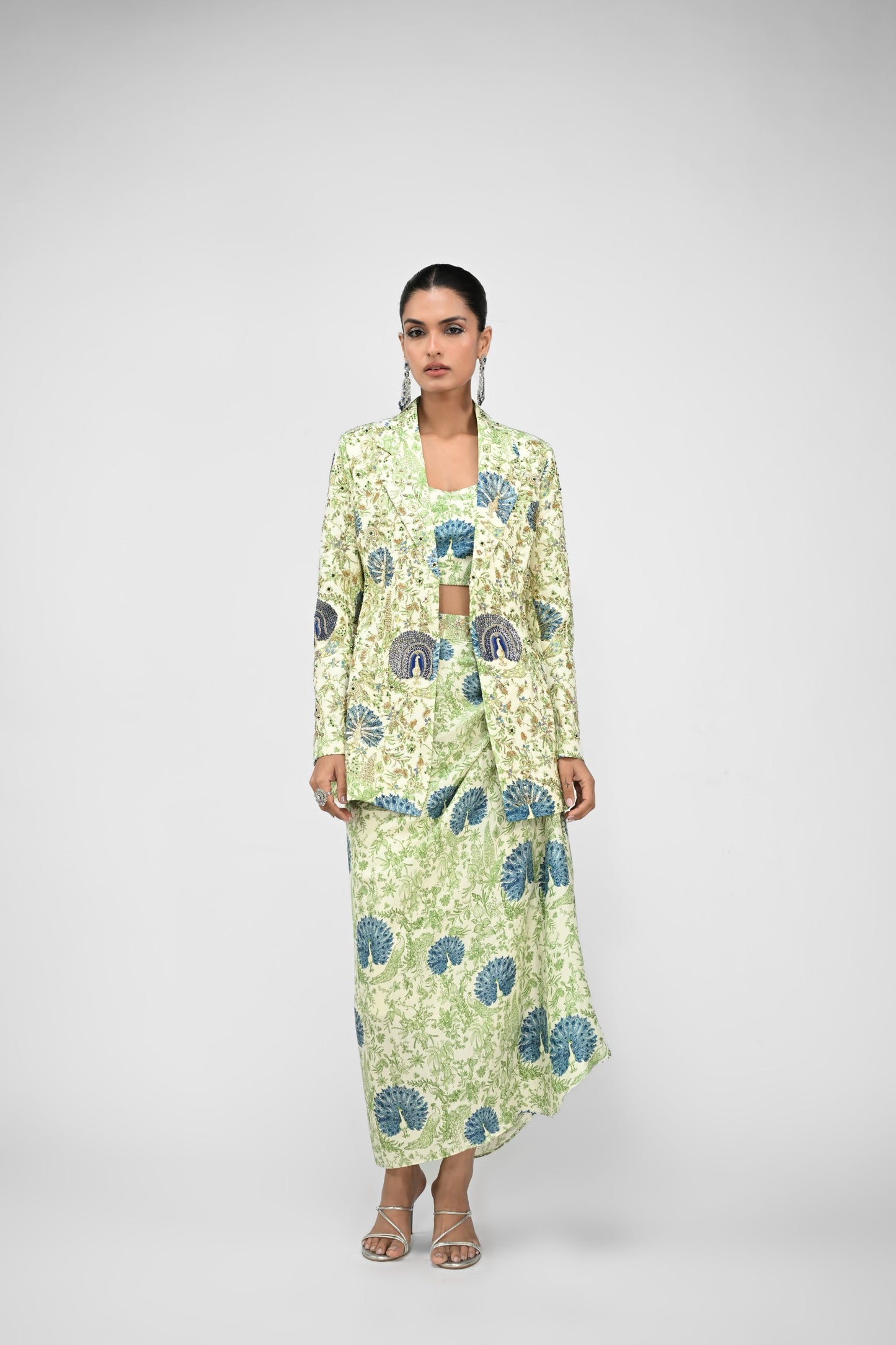 Peacock Bralette , Cowl Skirt Paired With Highlight Peacock Blazer Set