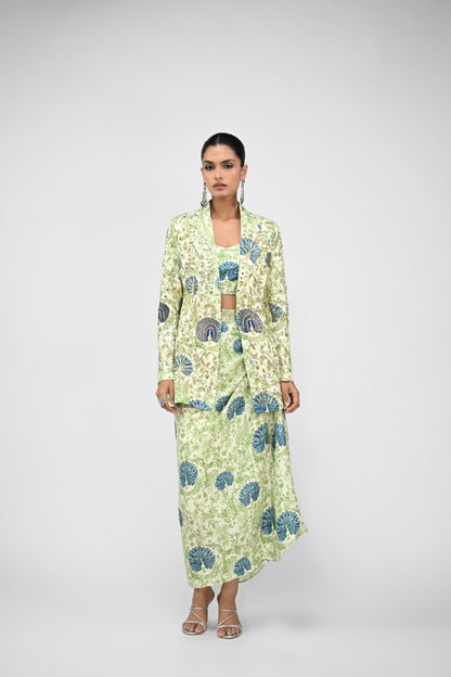 Peacock Bralette , Cowl Skirt Paired With Highlight Peacock Blazer Set