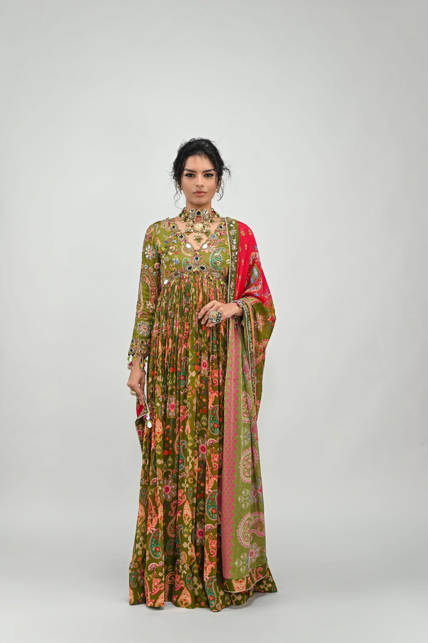 OLIVE GREEN HIGHLIGHTED ANARKALI PAIRED WITH DUAL PRINT DUPATTA