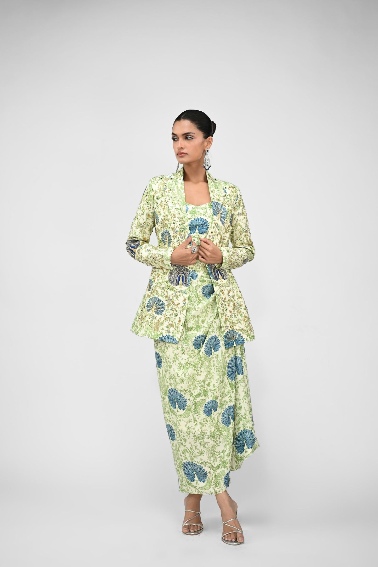 Peacock Bralette , Cowl Skirt Paired With Highlight Peacock Blazer Set