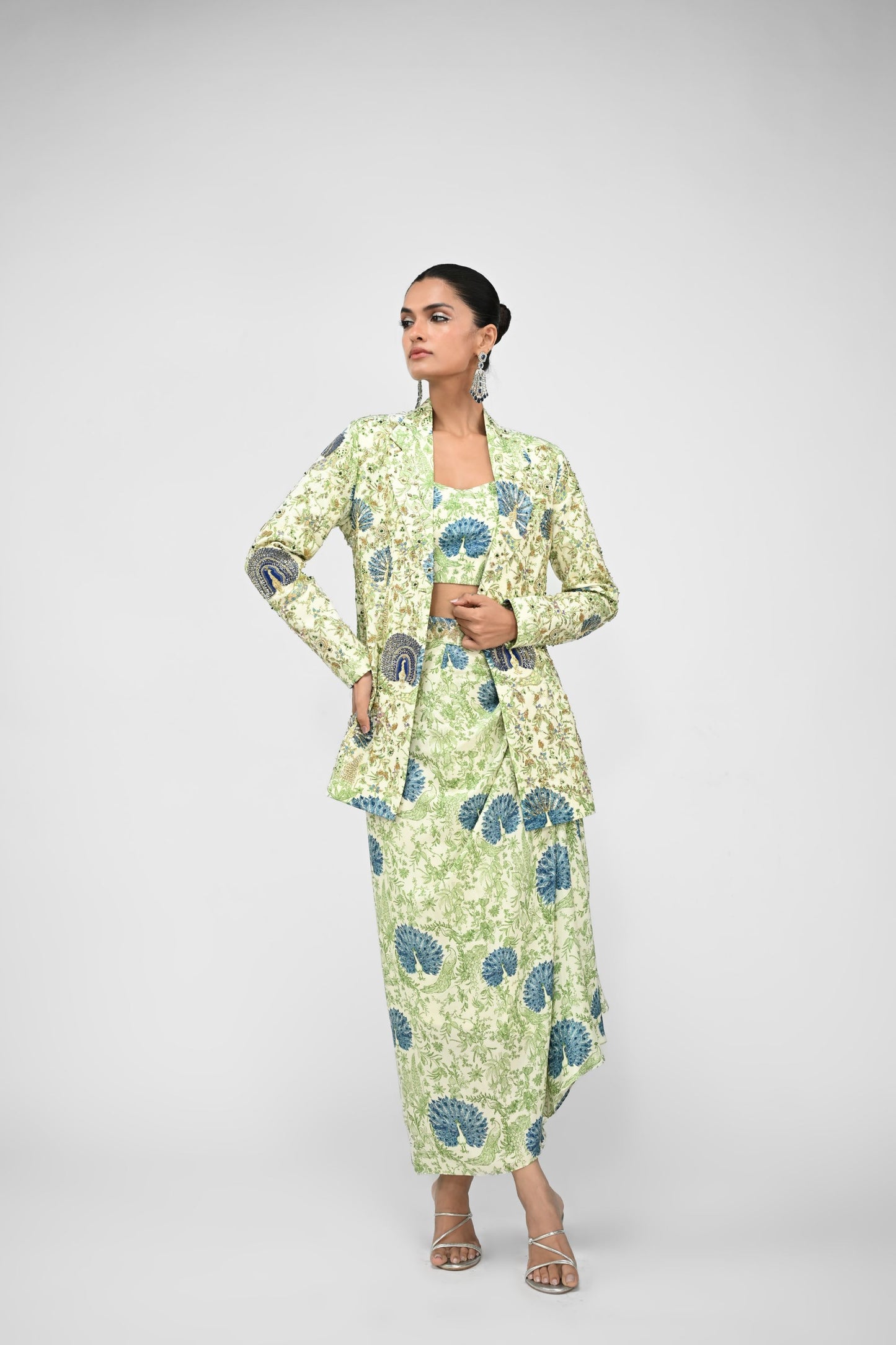 Peacock Bralette , Cowl Skirt Paired With Highlight Peacock Blazer Set