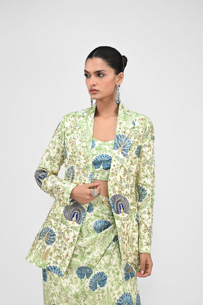 Peacock Bralette , Cowl Skirt Paired With Highlight Peacock Blazer Set