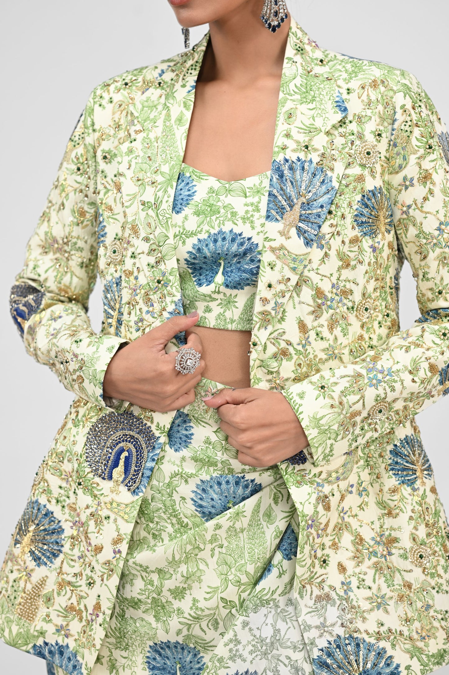 Peacock Bralette , Cowl Skirt Paired With Highlight Peacock Blazer Set