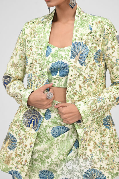 Peacock Bralette , Cowl Skirt Paired With Highlight Peacock Blazer Set