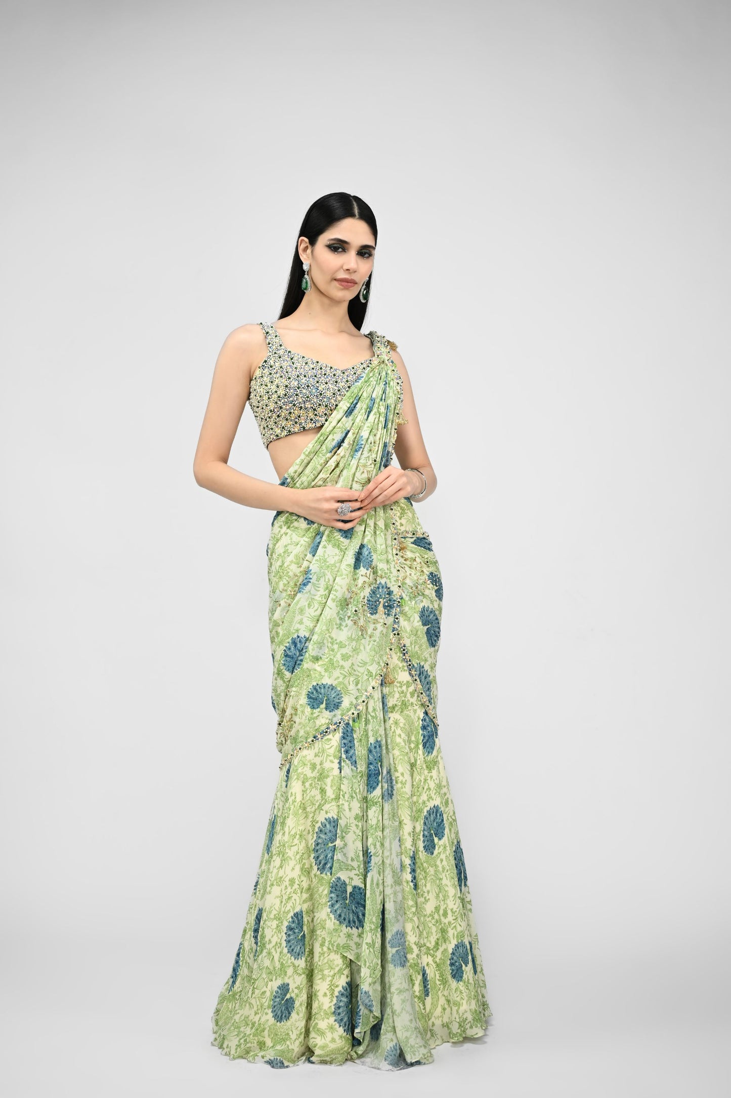 Highlighted Pre Stiched Peacock Saree Paired With Bead Blouse