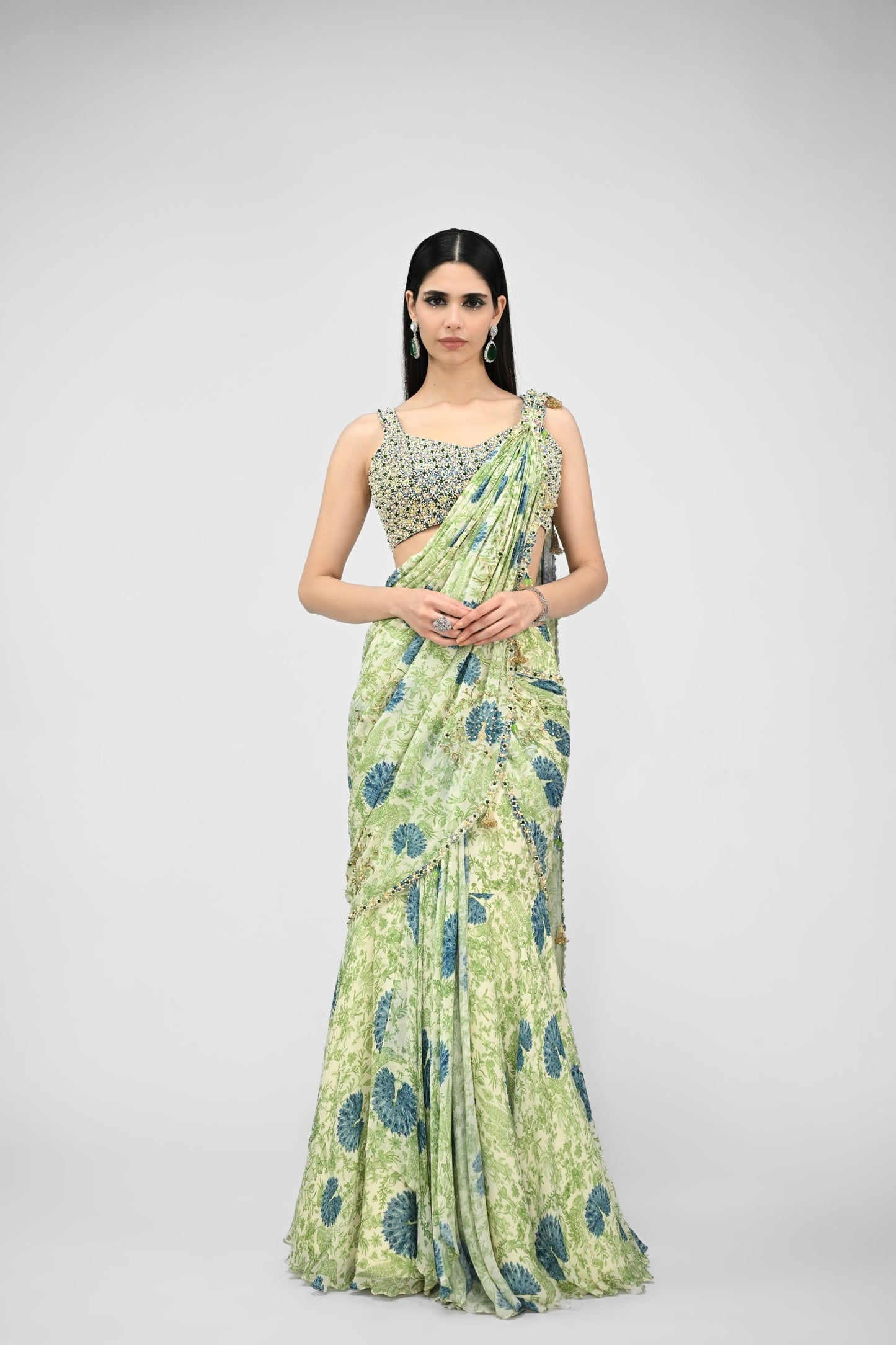 Highlighted Pre Stiched Peacock Saree Paired With Bead Blouse