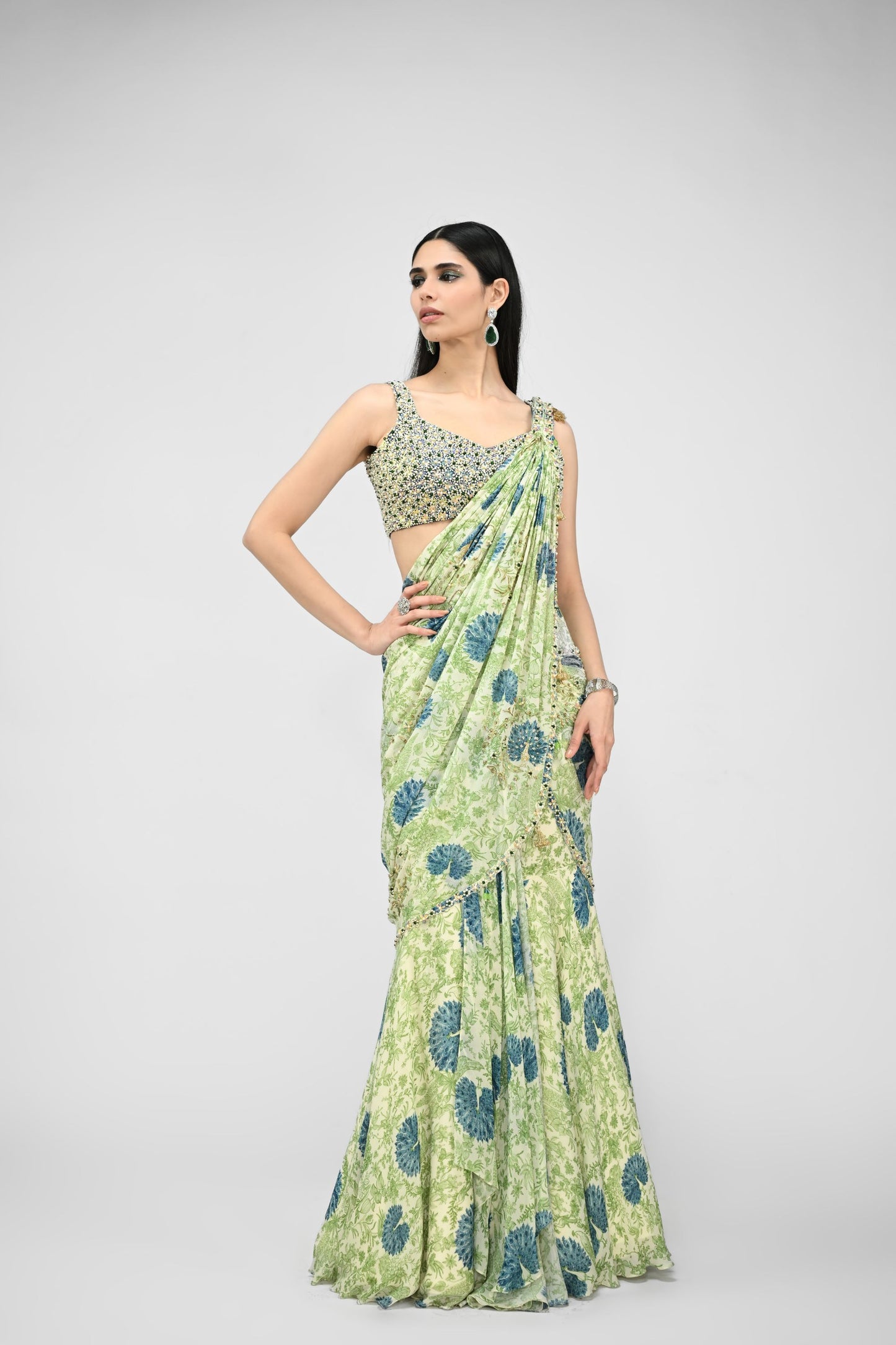 Highlighted Pre Stiched Peacock Saree Paired With Bead Blouse