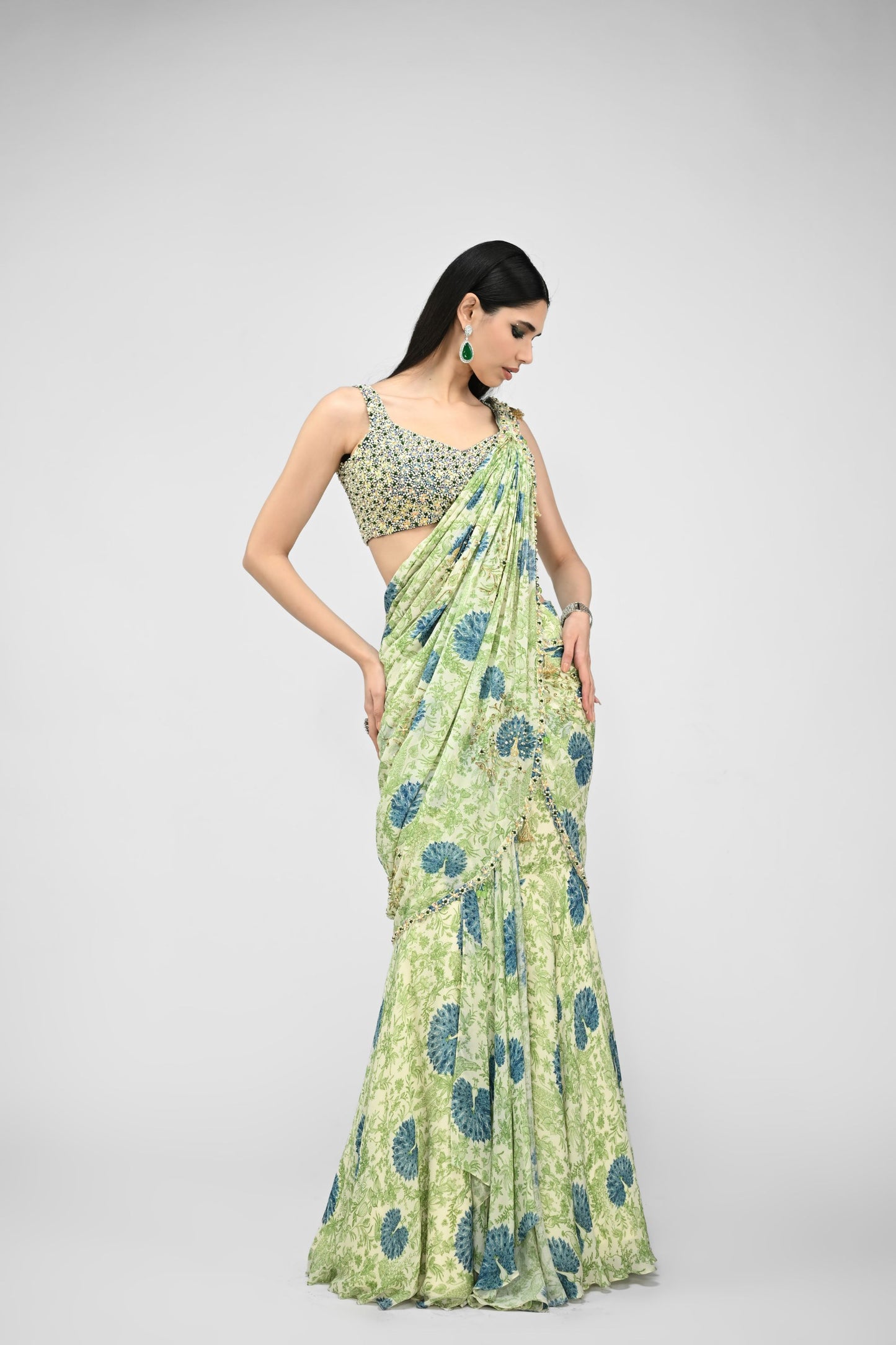 Highlighted Pre Stiched Peacock Saree Paired With Bead Blouse