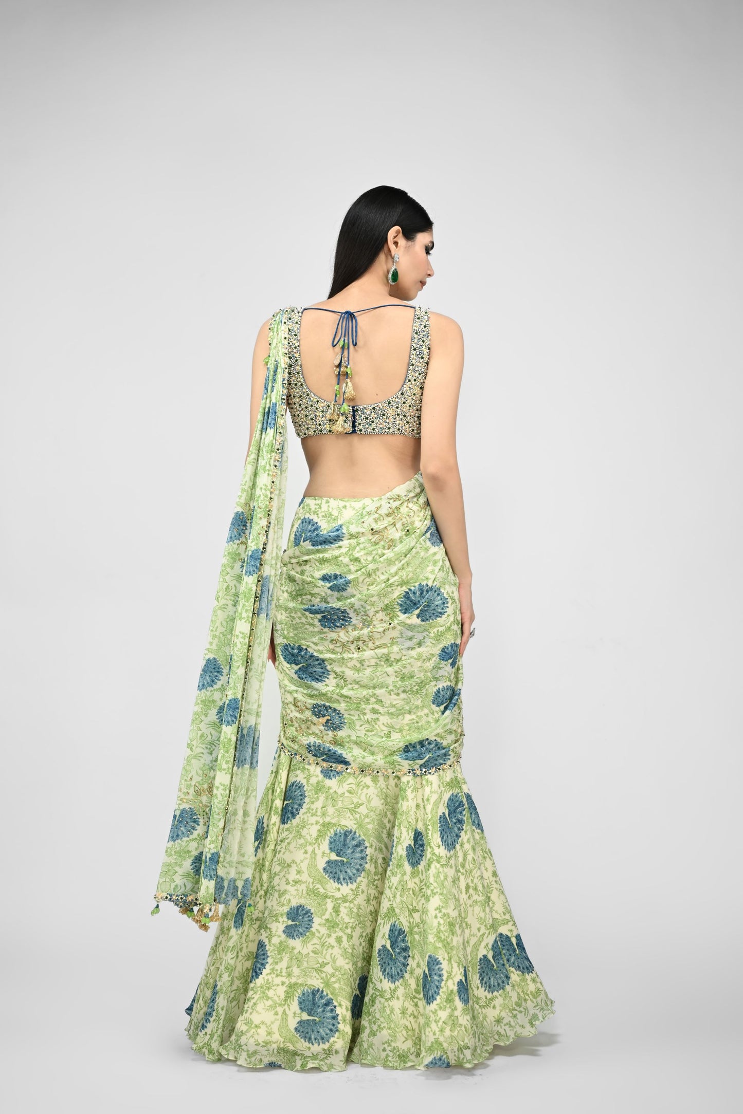 Highlighted Pre Stiched Peacock Saree Paired With Bead Blouse