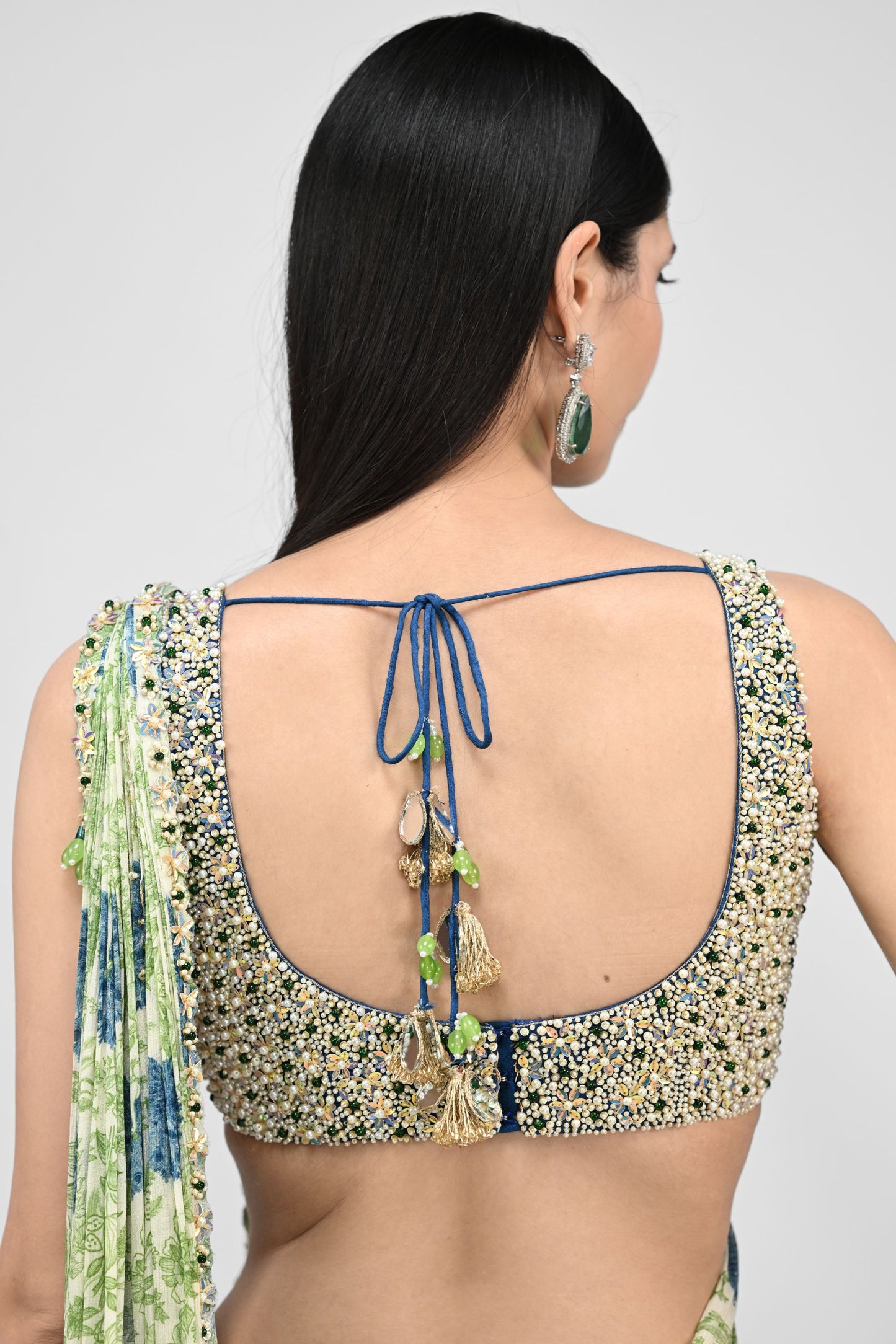 Highlighted Pre Stiched Peacock Saree Paired With Bead Blouse