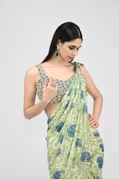 Highlighted Pre Stiched Peacock Saree Paired With Bead Blouse