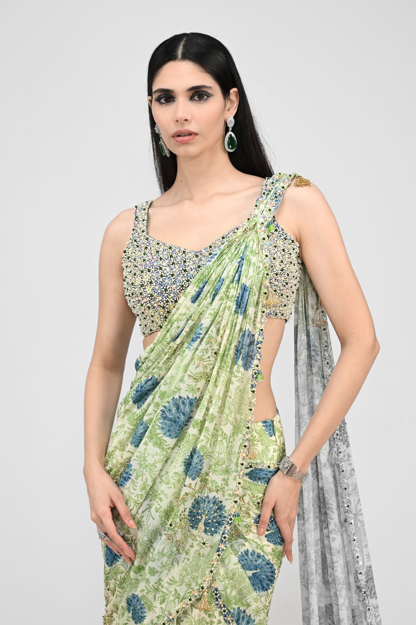 Highlighted Pre Stiched Peacock Saree Paired With Bead Blouse