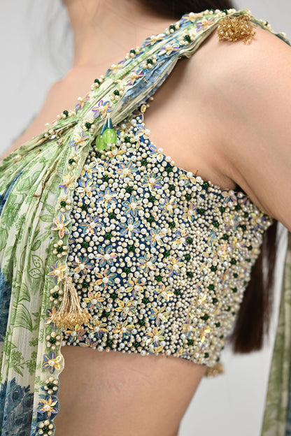 Highlighted Pre Stiched Peacock Saree Paired With Bead Blouse