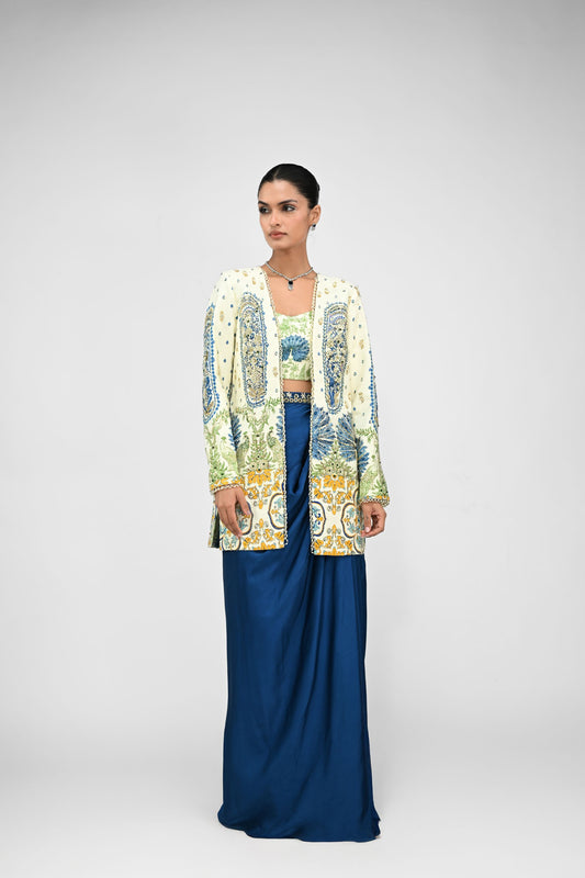 Royal Highlighted Blazer Paired With Peacock Bralette And Blue Cowl Skirt