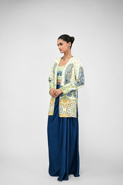 Royal Highlighted Blazer Paired With Peacock Bralette And Blue Cowl Skirt