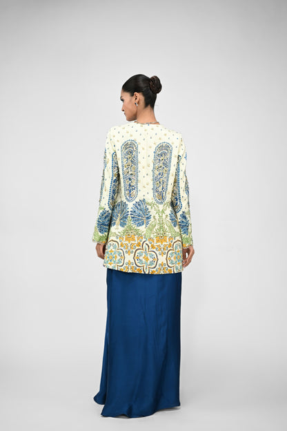 Royal Highlighted Blazer Paired With Peacock Bralette And Blue Cowl Skirt