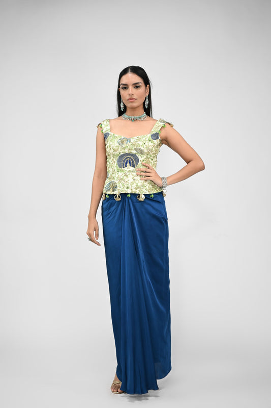 Peacock Highlighted Corset With Cowl Skirt