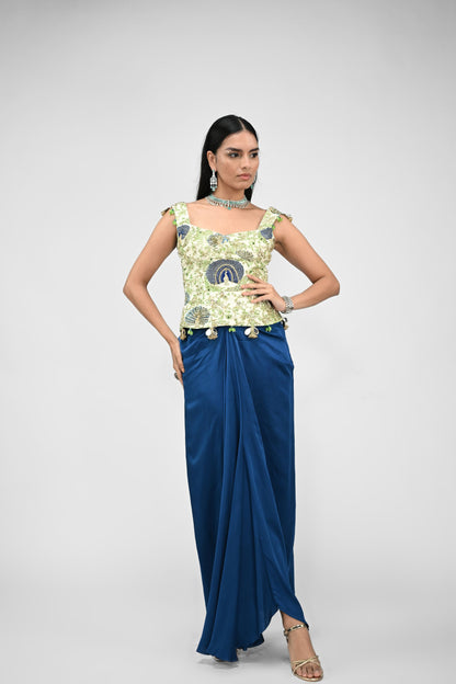 Peacock Highlighted Corset With Cowl Skirt