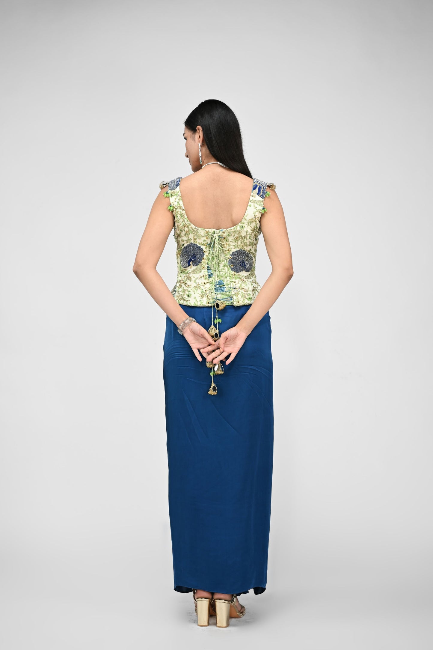 Peacock Highlighted Corset With Cowl Skirt