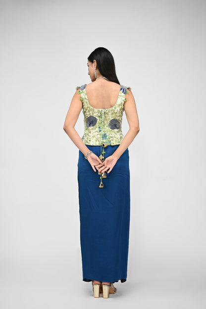 Peacock Highlighted Corset With Cowl Skirt