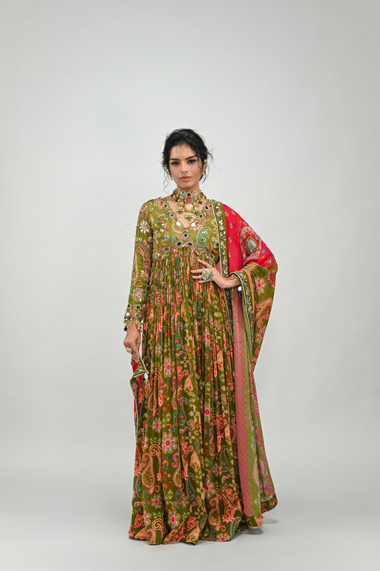 OLIVE GREEN HIGHLIGHTED ANARKALI PAIRED WITH DUAL PRINT DUPATTA