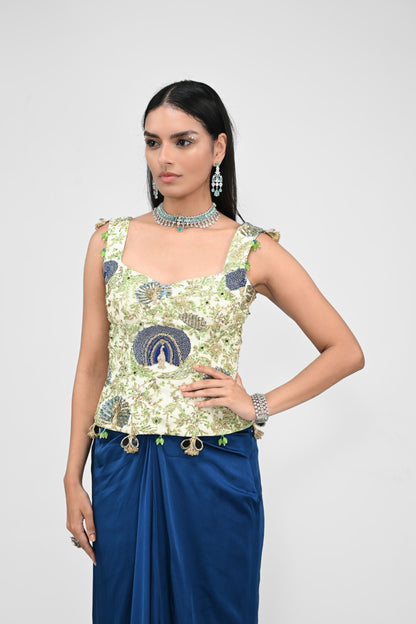 Peacock Highlighted Corset With Cowl Skirt