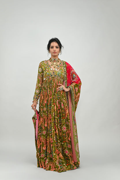 OLIVE GREEN HIGHLIGHTED ANARKALI PAIRED WITH DUAL PRINT DUPATTA