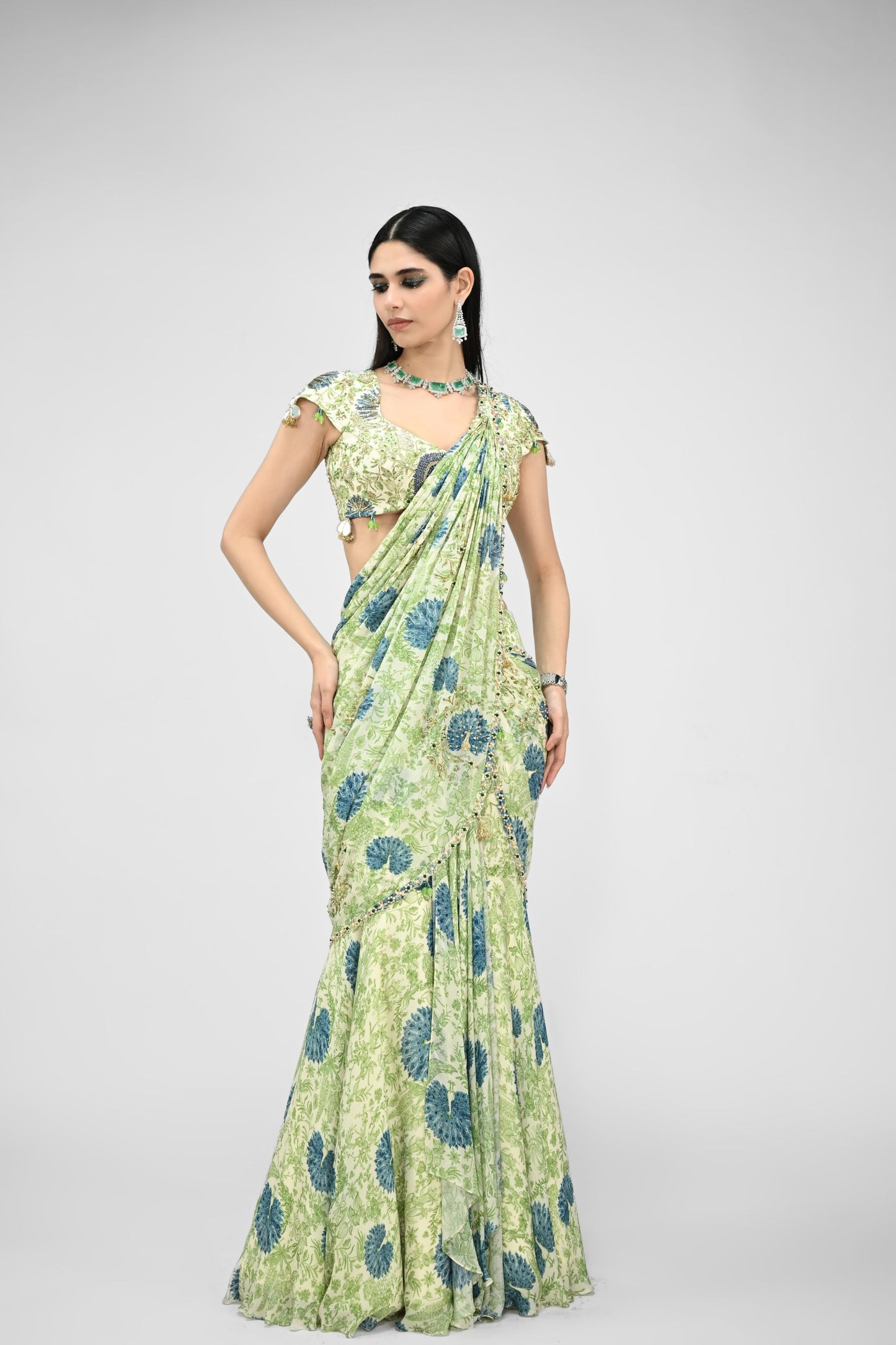 Highlighted Pre Stiched Peacock Saree Paired With Printed Highlighted Peacock Blouse
