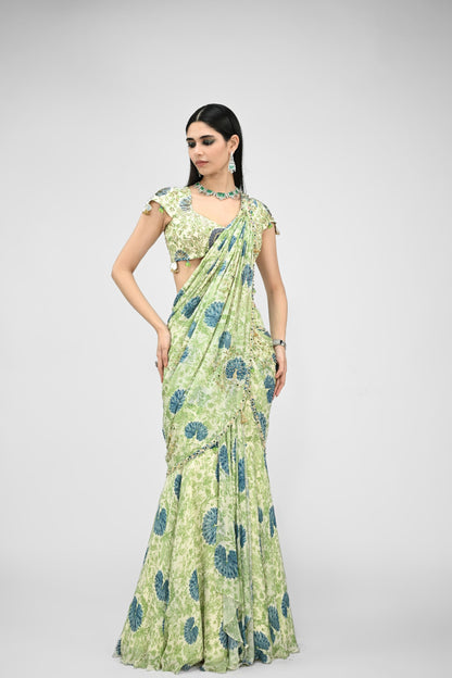 Highlighted Pre Stiched Peacock Saree Paired With Printed Highlighted Peacock Blouse