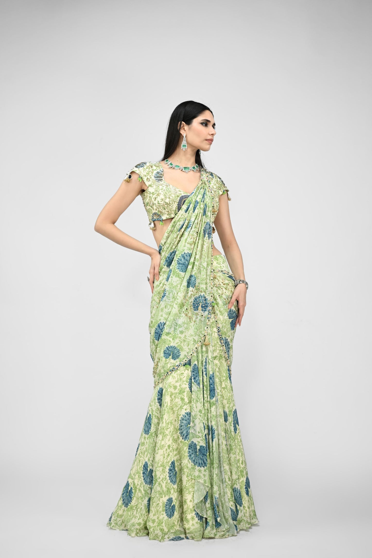 Highlighted Pre Stiched Peacock Saree Paired With Printed Highlighted Peacock Blouse