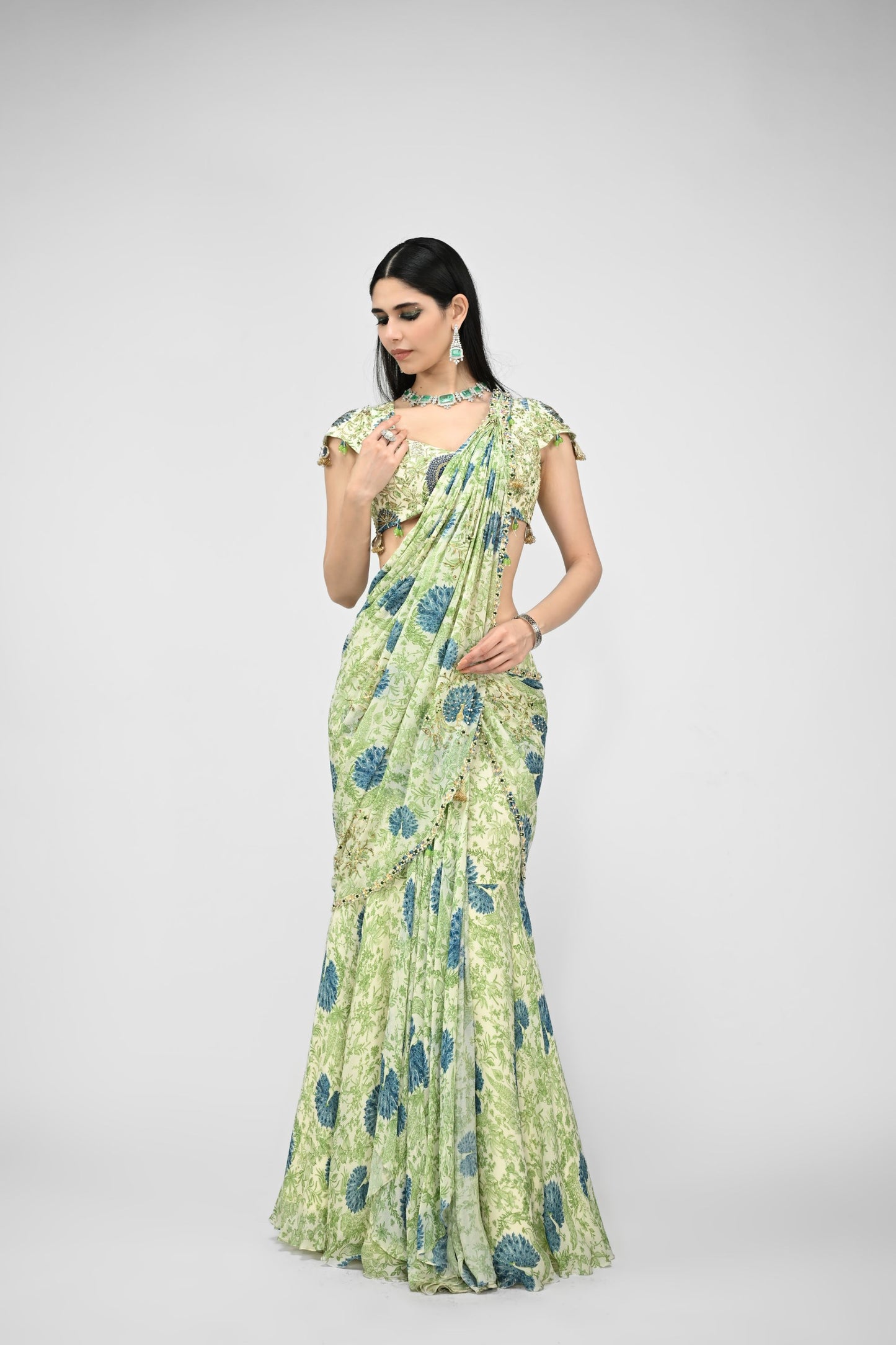 Highlighted Pre Stiched Peacock Saree Paired With Printed Highlighted Peacock Blouse