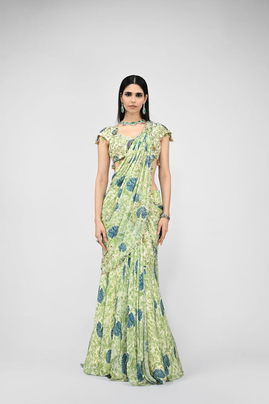 Highlighted Pre Stiched Peacock Saree Paired With Printed Highlighted Peacock Blouse