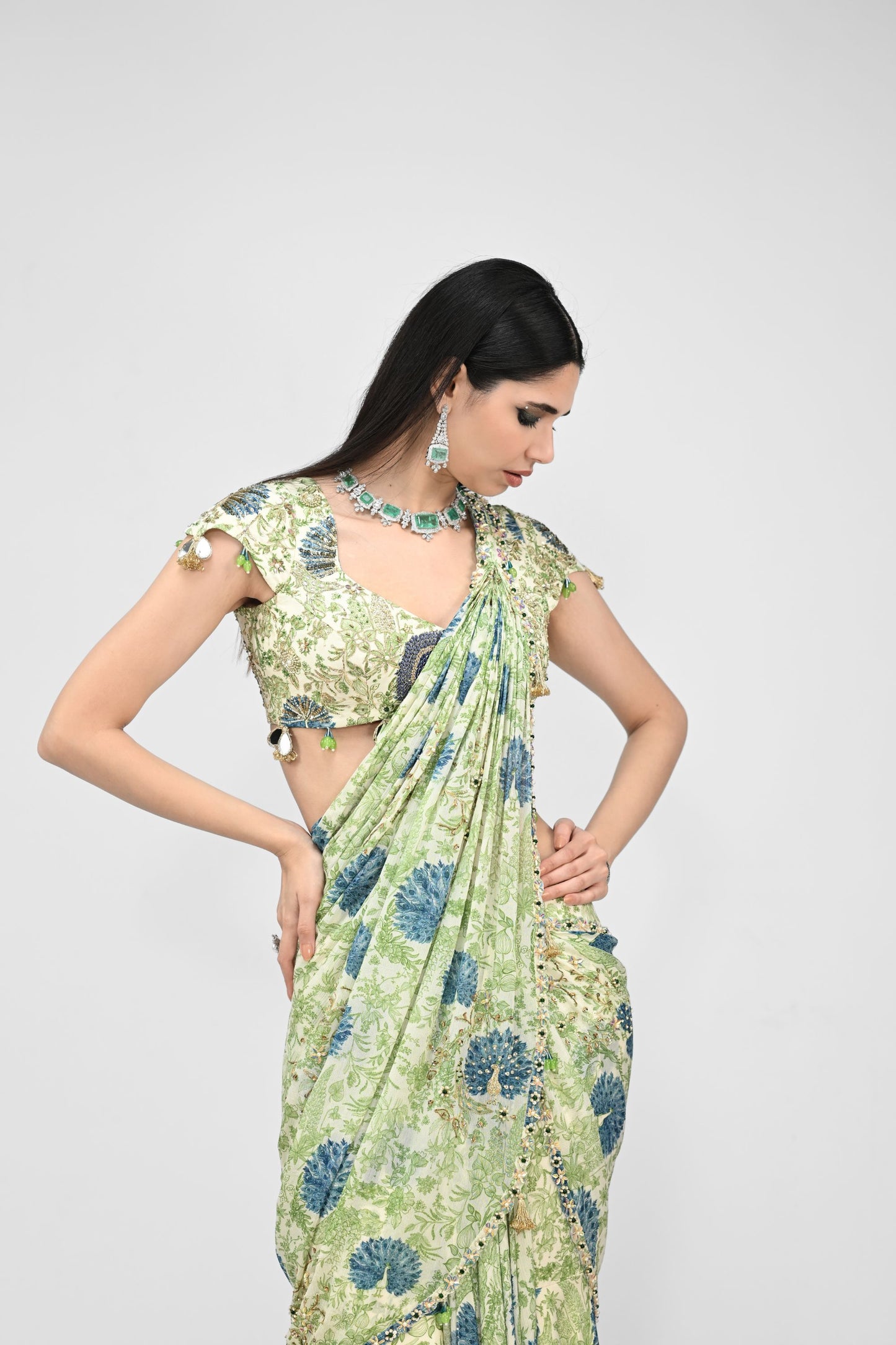 Highlighted Pre Stiched Peacock Saree Paired With Printed Highlighted Peacock Blouse