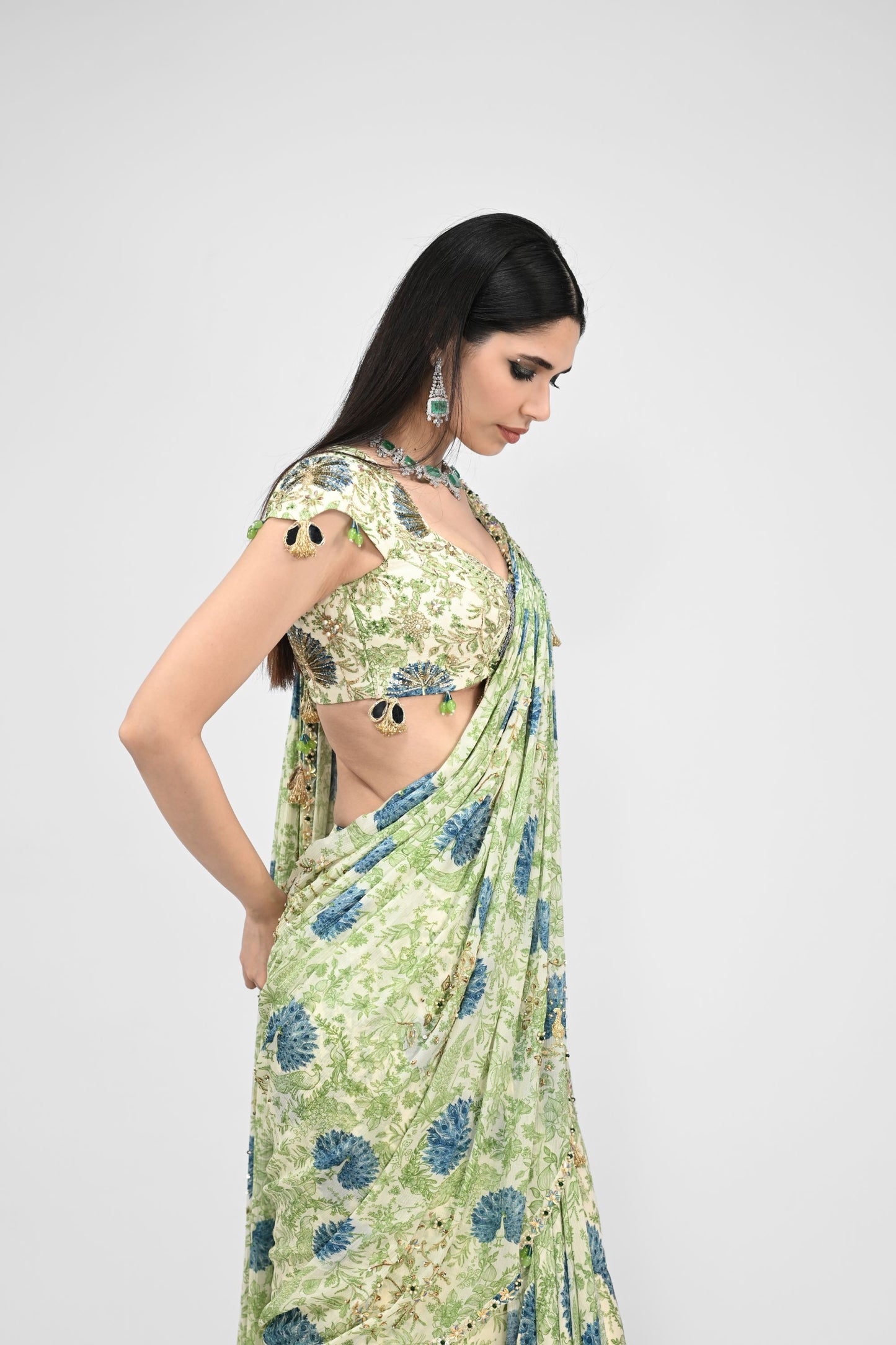 Highlighted Pre Stiched Peacock Saree Paired With Printed Highlighted Peacock Blouse
