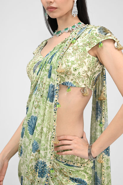 Highlighted Pre Stiched Peacock Saree Paired With Printed Highlighted Peacock Blouse