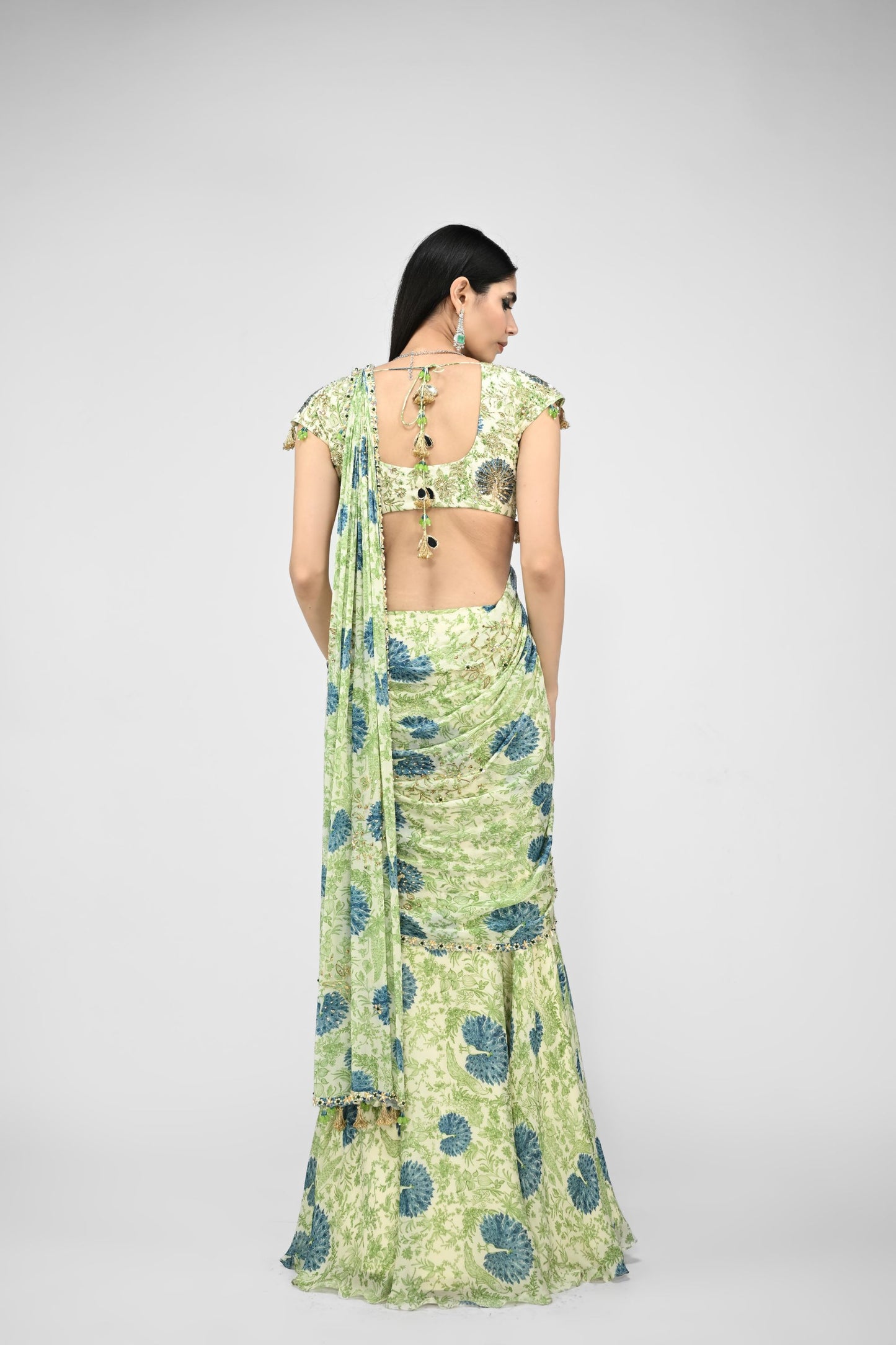 Highlighted Pre Stiched Peacock Saree Paired With Printed Highlighted Peacock Blouse