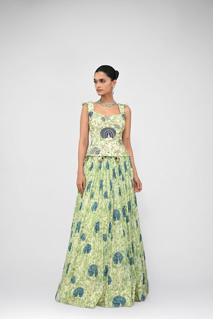Peacock Highlighted Lehenga Paired With Highlighted Peacock Corset