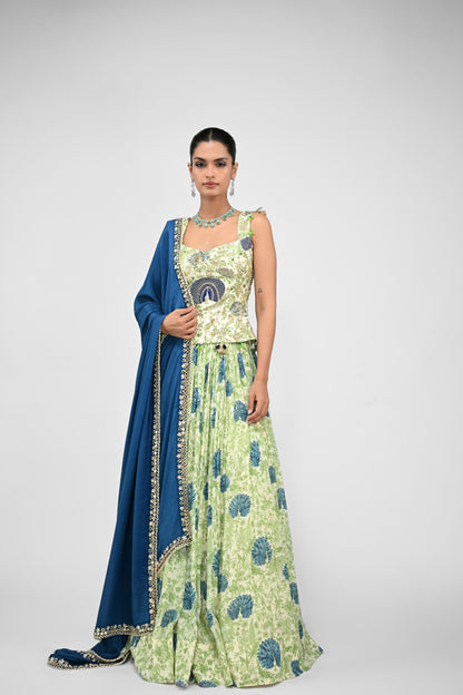 Peacock Highlighted Lehenga Paired With Highlighted Peacock Corset And Embroidered Dupa