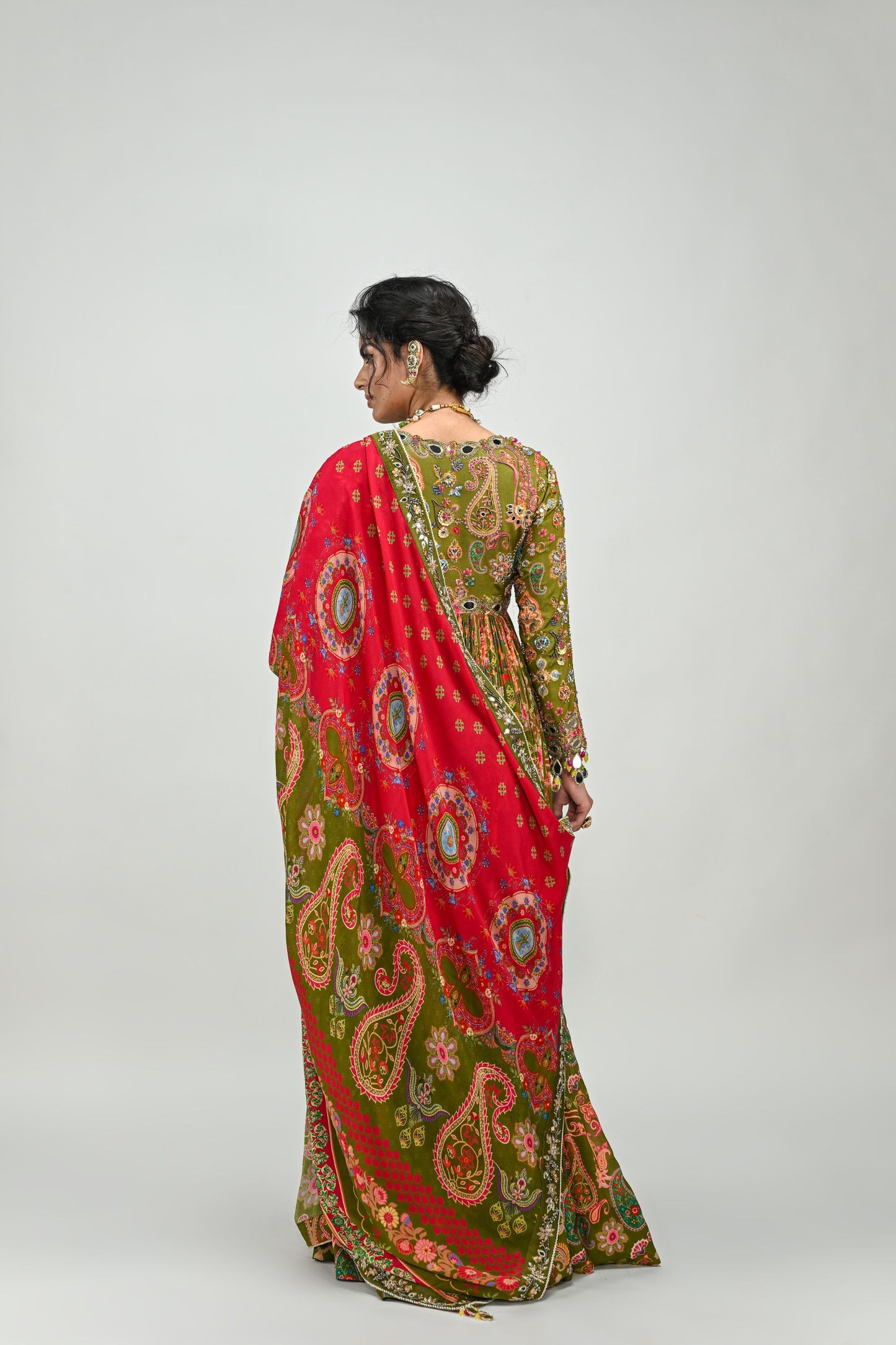 OLIVE GREEN HIGHLIGHTED ANARKALI PAIRED WITH DUAL PRINT DUPATTA