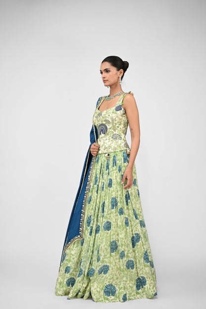 Peacock Highlighted Lehenga Paired With Highlighted Peacock Corset And Embroidered Dupa