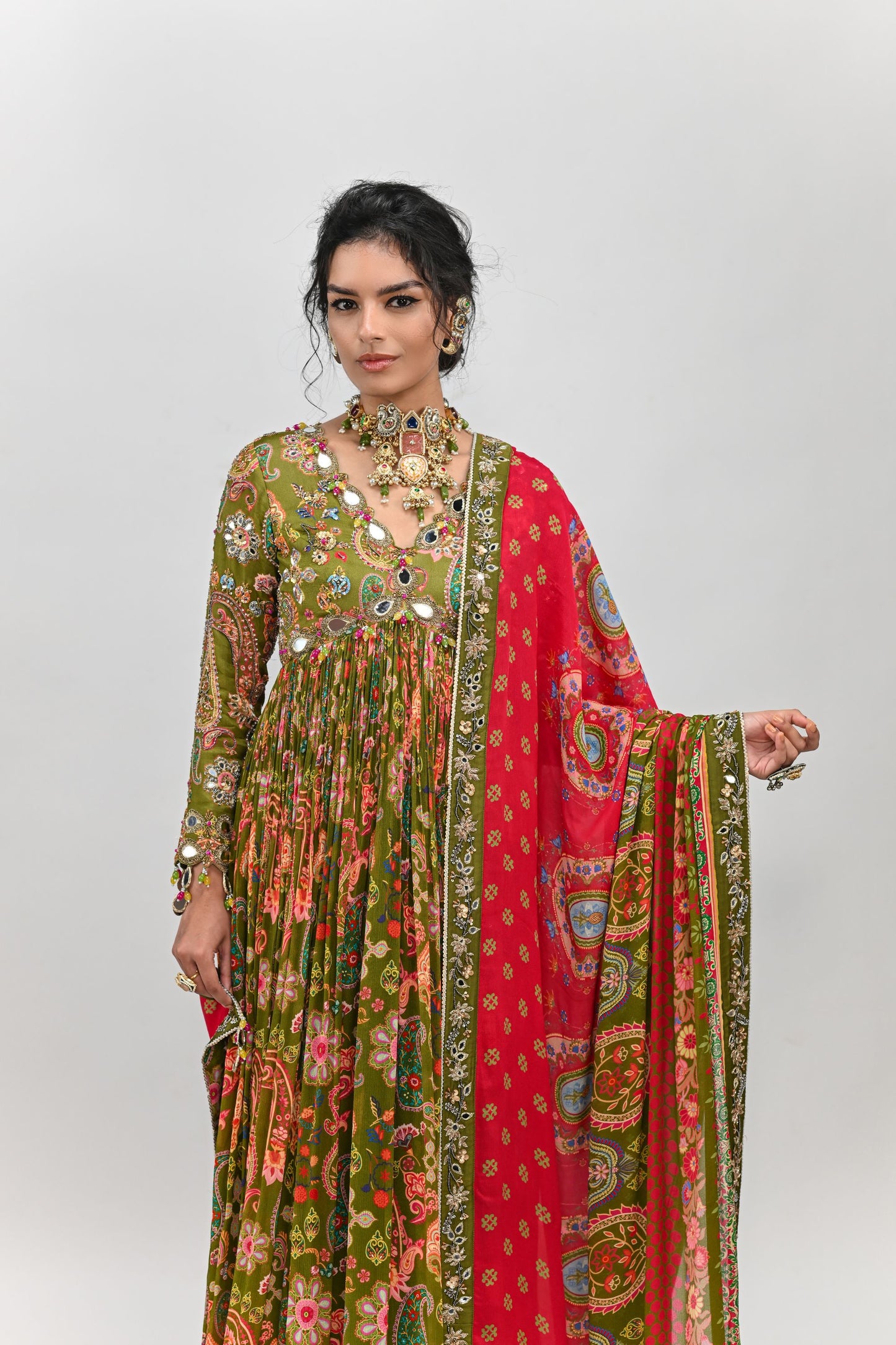 OLIVE GREEN HIGHLIGHTED ANARKALI PAIRED WITH DUAL PRINT DUPATTA