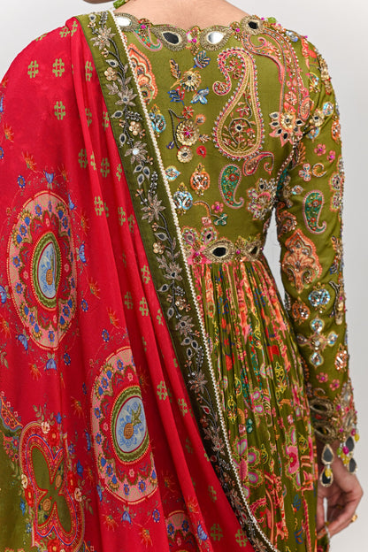 OLIVE GREEN HIGHLIGHTED ANARKALI PAIRED WITH DUAL PRINT DUPATTA