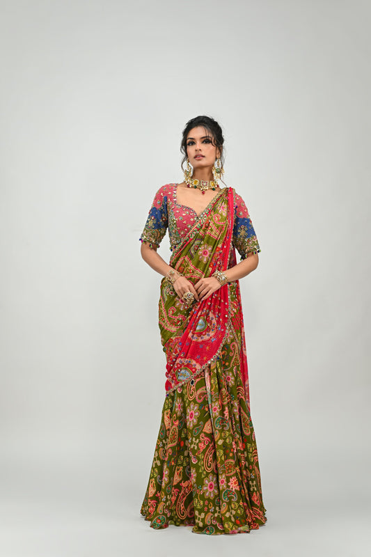 OLIVE HIGHLIGHTED DUAL PRESTITCHED SAREE PAIRED WITH PATCH BLOUSE