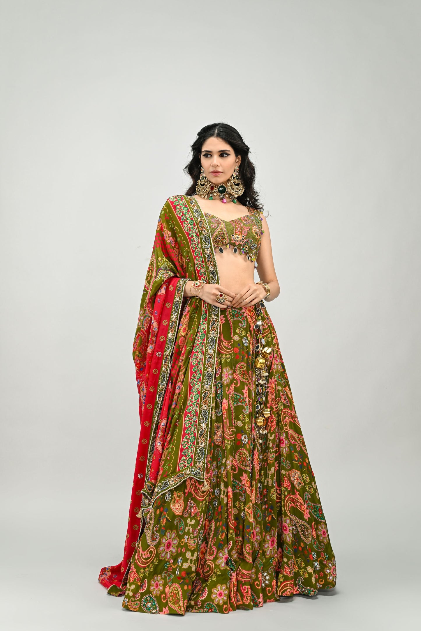 OLIVE HIGHLIGHTED LEHENGA PAIRED WITH BADLA EMBROIDERED OLIVE BLOUSE AND DUAL PRINT HIGHLIGHTED DUPATTA
