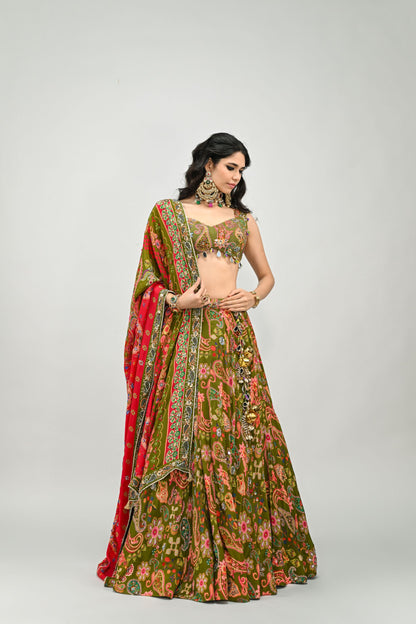 OLIVE HIGHLIGHTED LEHENGA PAIRED WITH BADLA EMBROIDERED OLIVE BLOUSE AND DUAL PRINT HIGHLIGHTED DUPATTA